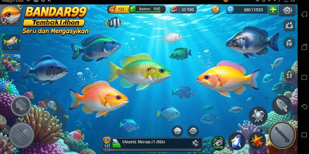 Tampilan gameplay BANDAR99 dengan ikan beragam dan senjata menarik.