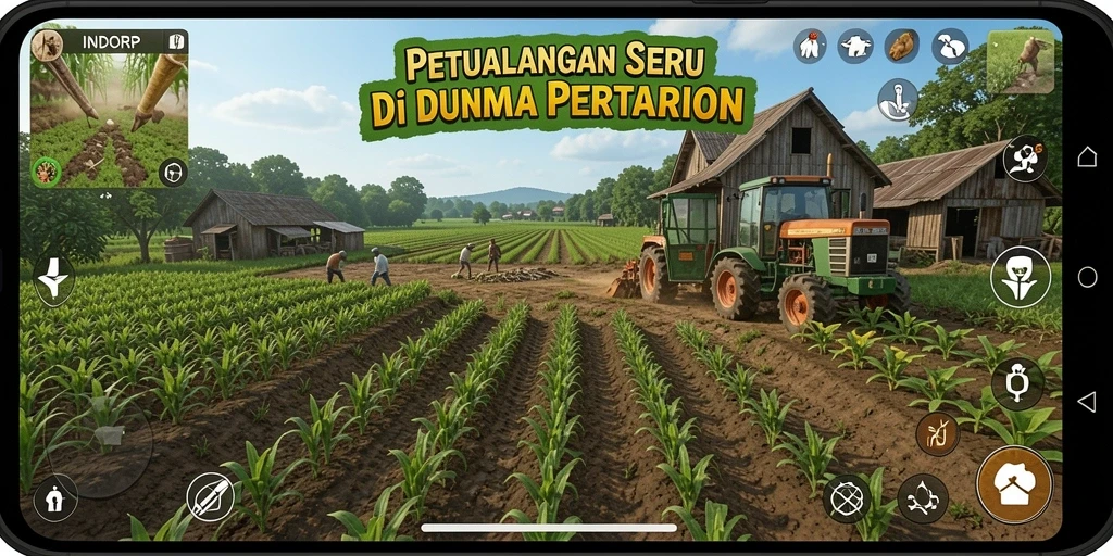 Screenshot utama INDORP menampilkan pemain yang sedang bercocok tanam dengan berbagai tanaman.