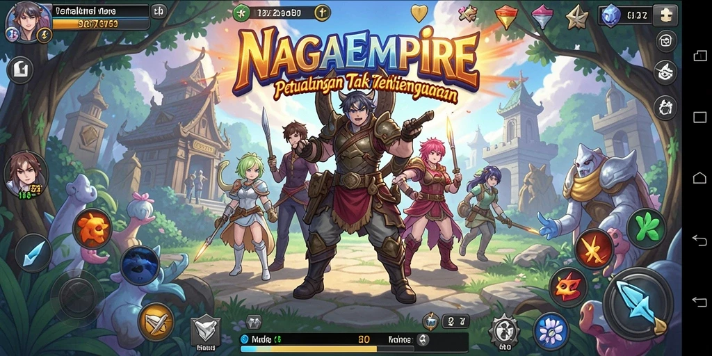 Tampilan gameplay NAGAEMPIRE dengan karakter Anime yang beraksi.