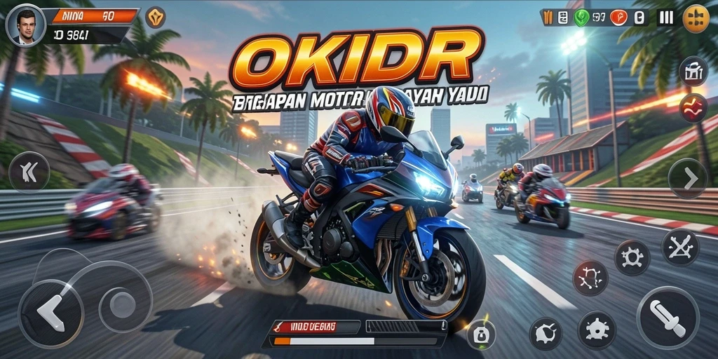 Screenshot utama menunjukkan aksi balapan motor seru dalam <strong>OKIDR</strong>.
