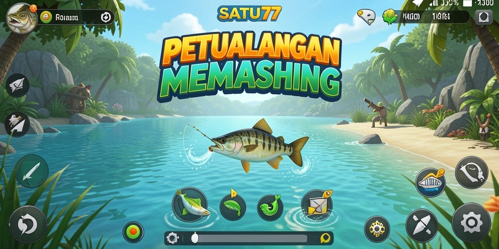 Screenshot menunjukkan pemain menangkap ikan besar di danau.