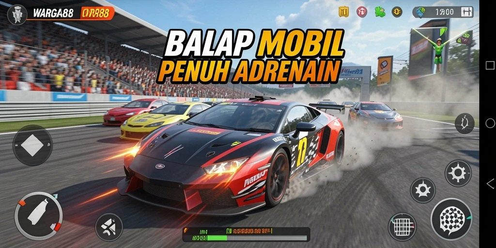Screenshot gameplay WARGA88 yang menampilkan balapan mobil seru.